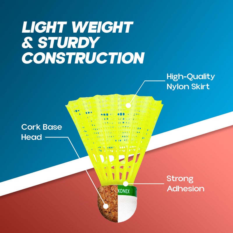 KONEX Nylon Shuttlecock | Stable Flight & Fast Recovery (Yellow, Pack of 6) - Image 2